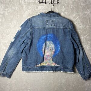 Distressed Artistic Denim Jacket w/ Painted Portrait Back | Tagged 3X Fits L/XL